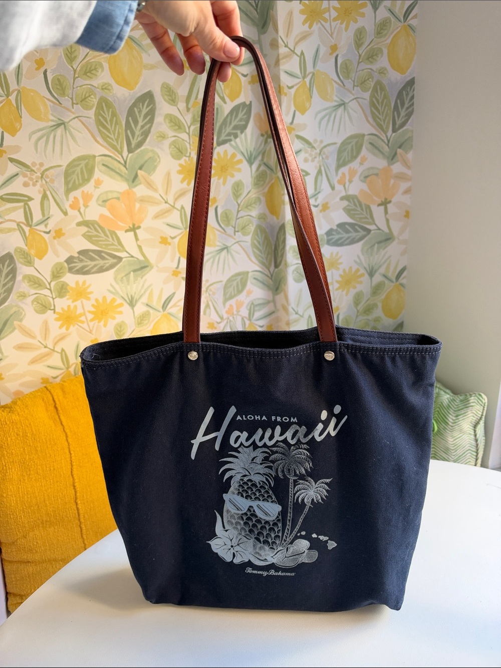 Tommy Bahama Aloha From Hawaii Canvas Tote Beach Bag Leather Handles